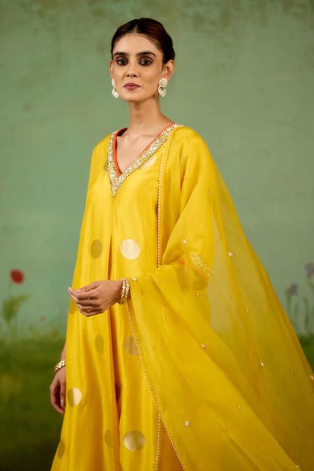 Shyam Narayan Prasad Yellow Silk, Brocade, Organza Embroidery, Foil Printing, Vibrant Kurta Set at Aza Fashions Shyam Narayan Prasad_Yellow Silk, Brocade, Organza Embroidery, Foil Printing, Vibrant Kurta Set _at_Aza_Fashions