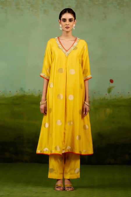 Shop_Shyam Narayan Prasad_Yellow Silk, Brocade, Organza Embroidery V-neck Vibrant Kurta Set _Online_at_Aza_Fashions