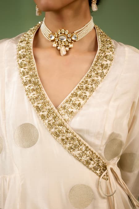 Shyam Narayan Prasad_Ivory Brocade, Silk Embroidery, Zari V-neck Angrakha And Pant Set _Online_at_Aza_Fashions