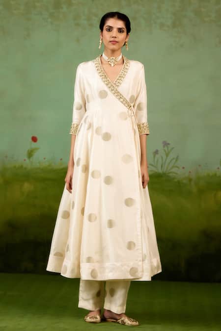 Buy_Shyam Narayan Prasad_Ivory Brocade, Silk Embroidery, Zari V-neck Angrakha And Pant Set _Online_at_Aza_Fashions