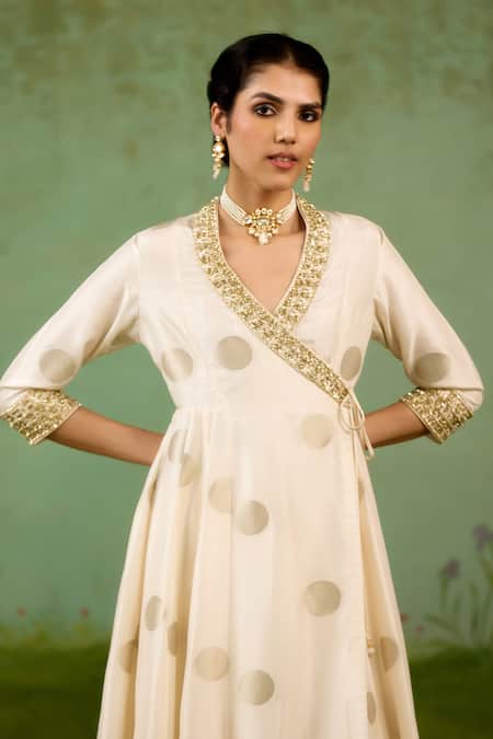 Shop_Shyam Narayan Prasad_Ivory Brocade, Silk Embroidery, Zari V-neck Angrakha And Pant Set _Online_at_Aza_Fashions