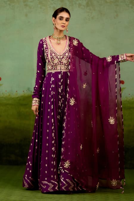 Shyam Narayan Prasad Wine Georgette, Silk, Brocade, Organza Embroidery, Stones, Purple Anarkali Set Online at Aza Fashions Shyam Narayan Prasad_Wine Georgette, Silk, Brocade, Organza Embroidery, Stones, Purple Anarkali Set _Online_at_Aza_Fashions