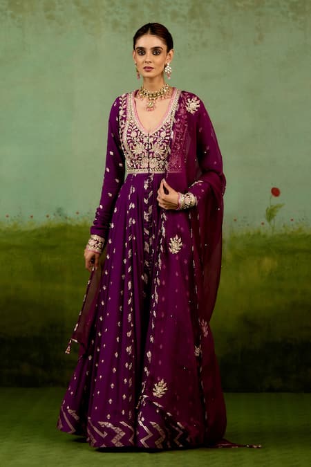 Shyam Narayan Prasad Wine Purple Embroidered Anarkali Set 