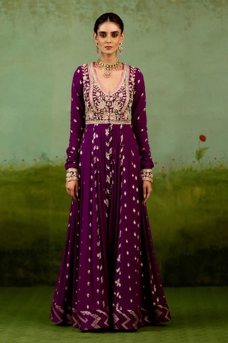 Shop Shyam Narayan Prasad Wine Georgette, Silk, Brocade, Organza Embroidery, Stones, Purple Anarkali Set Online at Aza Fashions Shop_Shyam Narayan Prasad_Wine Georgette, Silk, Brocade, Organza Embroidery, Stones, Purple Anarkali Set _Online_at_Aza_Fashions