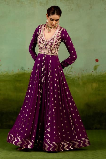Shyam Narayan Prasad Wine Georgette, Silk, Brocade, Organza Embroidery, Stones, Purple Anarkali Set at Aza Fashions Shyam Narayan Prasad_Wine Georgette, Silk, Brocade, Organza Embroidery, Stones, Purple Anarkali Set _at_Aza_Fashions