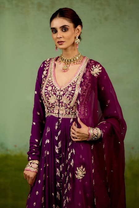 Shop Shyam Narayan Prasad Wine Georgette, Silk, Brocade, Organza Embroidery, Stones, Purple Anarkali Set Shop_Shyam Narayan Prasad_Wine Georgette, Silk, Brocade, Organza Embroidery, Stones, Purple Anarkali Set