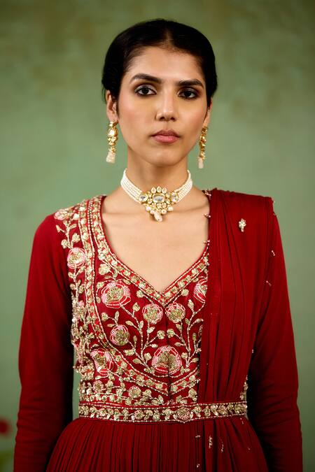 Shyam Narayan Prasad_Maroon Chinon, Silk, Organza Embroidery, Zari, Tassels V-neck Anarkali Set _Online_at_Aza_Fashions