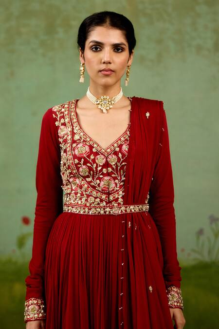 Buy_Shyam Narayan Prasad_Maroon Chinon, Silk, Organza Embroidery, Zari, Tassels V-neck Anarkali Set _Online_at_Aza_Fashions