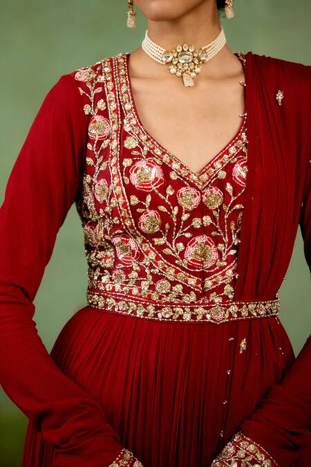 Shop_Shyam Narayan Prasad_Maroon Chinon, Silk, Organza Embroidery, Zari, Tassels V-neck Anarkali Set _Online_at_Aza_Fashions