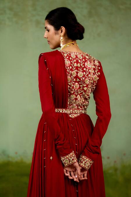 Shyam Narayan Prasad_Maroon Chinon, Silk, Organza Embroidery, Zari, Tassels V-neck Anarkali Set _at_Aza_Fashions