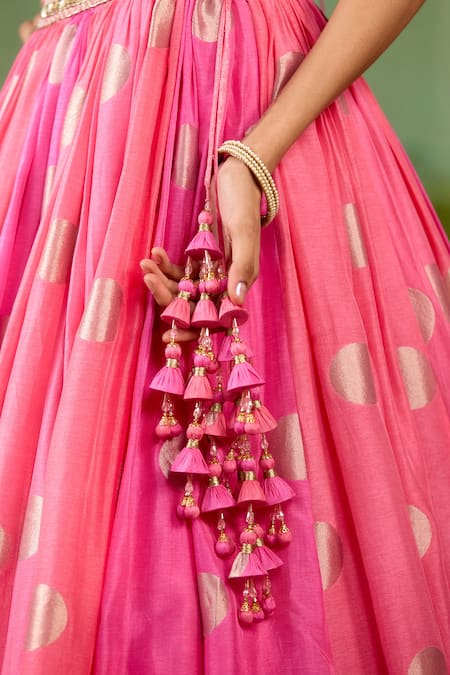 Buy Shyam Narayan Prasad Pink Silk, Brocade, Organza Embroidery, Sequins, Beads, Gota Candy Lehenga Set Buy_Shyam Narayan Prasad_Pink Silk, Brocade, Organza Embroidery, Sequins, Beads, Gota Candy Lehenga Set