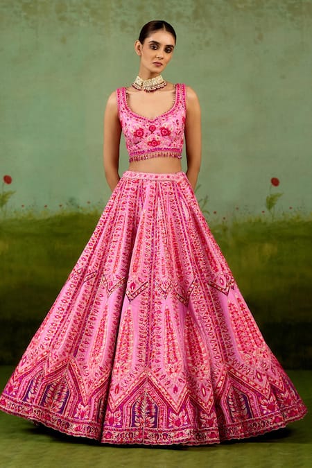 Shop_Shyam Narayan Prasad_Pink Silk, Organza Embroidery, Sequins, Gota Patti, Tassels Lehenga Set _Online_at_Aza_Fashions
