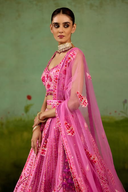 Buy_Shyam Narayan Prasad_Pink Silk, Organza Embroidery, Sequins, Gota Patti, Tassels Lehenga Set 