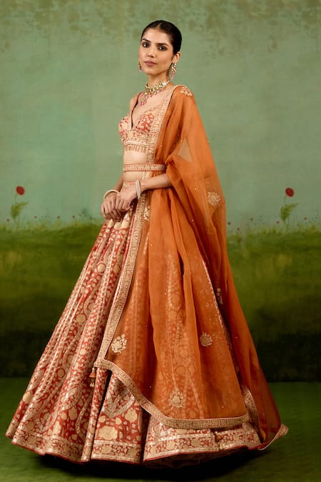 Shyam Narayan Prasad Rust Silk, Organza Embroidery, Zari, Sequins, Beads, Orange Lehenga Set at Aza Fashions Shyam Narayan Prasad_Rust Silk, Organza Embroidery, Zari, Sequins, Beads, Orange Lehenga Set _at_Aza_Fashions