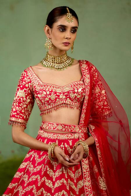 Shyam Narayan Prasad Red Silk, Organza Embroidery, Zari, Beads Sweetheart Neck Lehenga Set Online at Aza Fashions Shyam Narayan Prasad_Red Silk, Organza Embroidery, Zari, Beads Sweetheart Neck Lehenga Set _Online_at_Aza_Fashions
