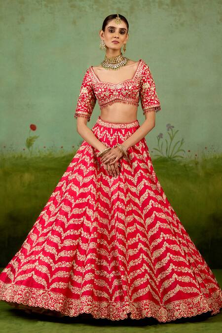 Shop Shyam Narayan Prasad Red Silk, Organza Embroidery, Zari, Beads Sweetheart Neck Lehenga Set Online at Aza Fashions Shop_Shyam Narayan Prasad_Red Silk, Organza Embroidery, Zari, Beads Sweetheart Neck Lehenga Set _Online_at_Aza_Fashions