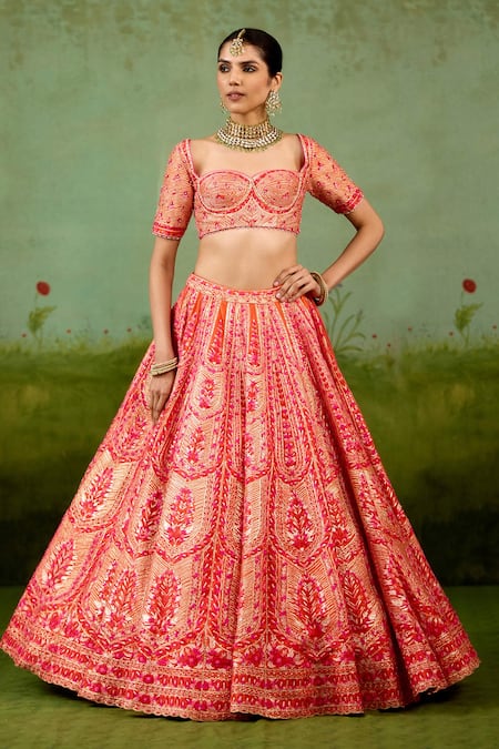 Shop Shyam Narayan Prasad Orange Silk, Organza Applique, Embroidery, Gota Patti, Beads, Sun Lehenga Set Online at Aza Fashions Shop_Shyam Narayan Prasad_Orange Silk, Organza Applique, Embroidery, Gota Patti, Beads, Sun Lehenga Set _Online_at_Aza_Fashions