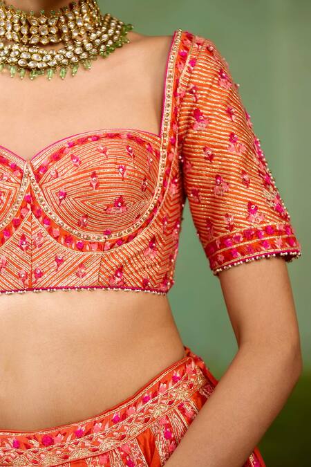 Shop Shyam Narayan Prasad Orange Silk, Organza Applique, Embroidery, Gota Patti, Beads, Sun Lehenga Set Shop_Shyam Narayan Prasad_Orange Silk, Organza Applique, Embroidery, Gota Patti, Beads, Sun Lehenga Set