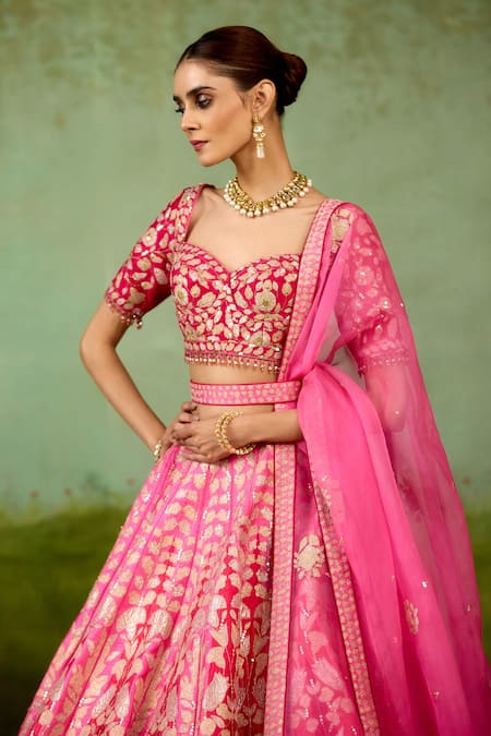 Shyam Narayan Prasad Pink Silk, Organza Embroidery, Metallic Thread, Applique, Beads, Lehenga Set Online at Aza Fashions Shyam Narayan Prasad_Pink Silk, Organza Embroidery, Metallic Thread, Applique, Beads, Lehenga Set _Online_at_Aza_Fashions