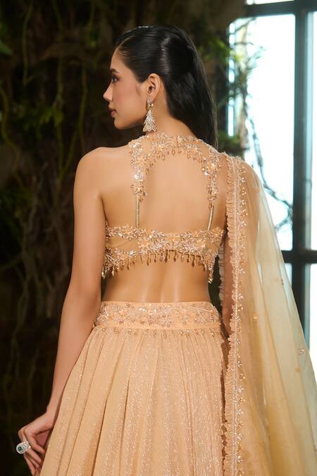 Shashank Arya Orange Knit, Organza Crystals, Sequins Halter Neck, And Embroidered Lehenga Set Online at Aza Fashions Shashank Arya_Orange Knit, Organza Crystals, Sequins Halter Neck, And Embroidered Lehenga Set _Online_at_Aza_Fashions