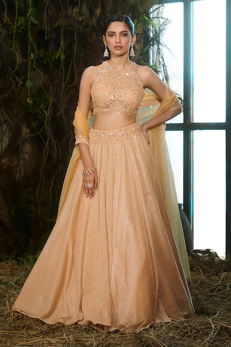 Buy Shashank Arya Orange Knit, Organza Crystals, Sequins Halter Neck, And Embroidered Lehenga Set Online at Aza Fashions Buy_Shashank Arya_Orange Knit, Organza Crystals, Sequins Halter Neck, And Embroidered Lehenga Set _Online_at_Aza_Fashions