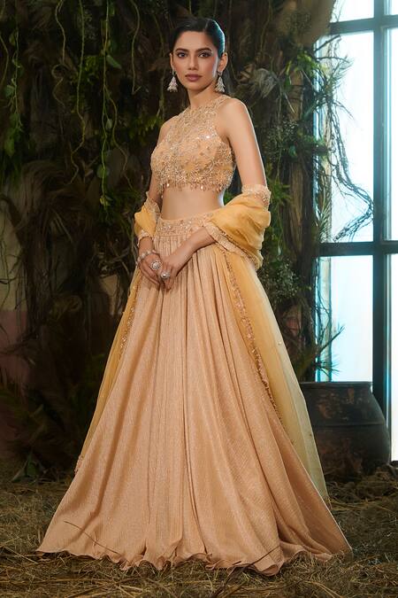 Shashank Arya Orange Knit, Organza Crystals, Sequins Halter Neck, And Embroidered Lehenga Set at Aza Fashions Shashank Arya_Orange Knit, Organza Crystals, Sequins Halter Neck, And Embroidered Lehenga Set _at_Aza_Fashions