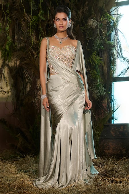 Shop Shashank Arya Green Tulle, Satin Embroidery, Sequins, Floral Corset With Pre-draped Saree Online at Aza Fashions Shop_Shashank Arya_Green Tulle, Satin Embroidery, Sequins, Floral Corset With Pre-draped Saree _Online_at_Aza_Fashions