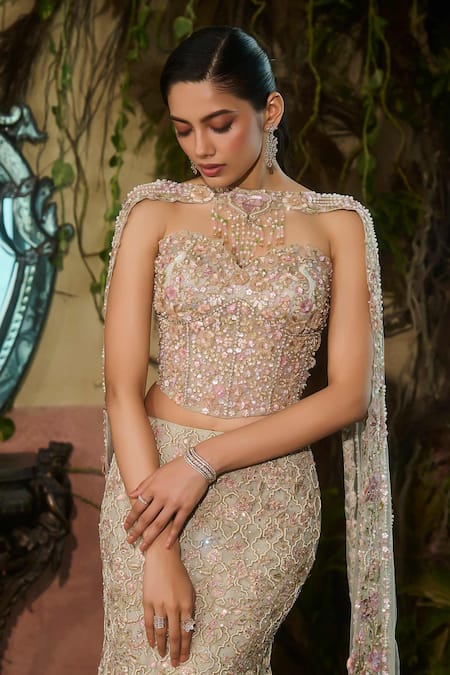 Buy Shashank Arya Green Tulle Sequins, Pearls, Fabric Flowers, Resham Fishcut Lehenga Set Online at Aza Fashions Buy_Shashank Arya_Green Tulle Sequins, Pearls, Fabric Flowers, Resham Fishcut Lehenga Set _Online_at_Aza_Fashions