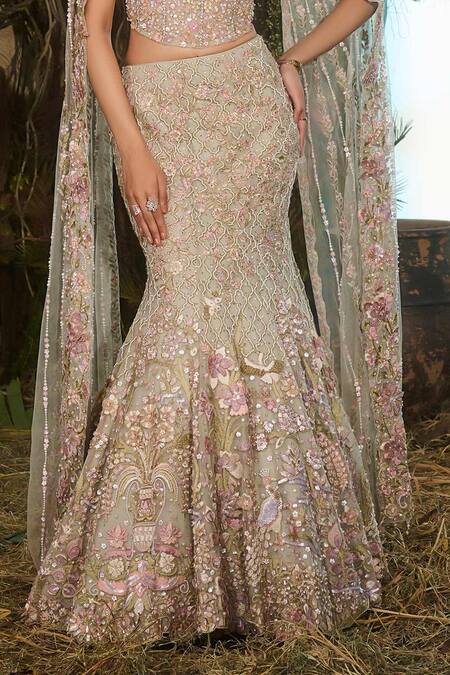 Shop Shashank Arya Green Tulle Sequins, Pearls, Fabric Flowers, Resham Fishcut Lehenga Set Online at Aza Fashions Shop_Shashank Arya_Green Tulle Sequins, Pearls, Fabric Flowers, Resham Fishcut Lehenga Set _Online_at_Aza_Fashions