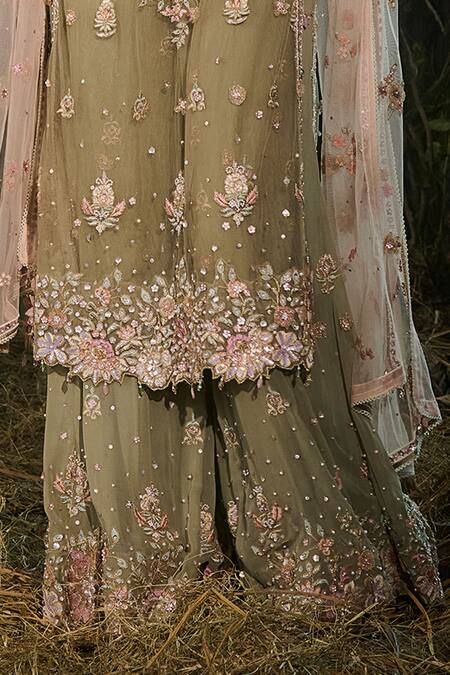 Shashank Arya Green Georgette, Tulle Sequins, Pearls, Crystals, Embroidery Kurta Sharara Set Online at Aza Fashions Shashank Arya_Green Georgette, Tulle Sequins, Pearls, Crystals, Embroidery Kurta Sharara Set _Online_at_Aza_Fashions