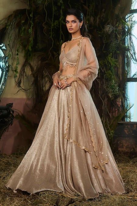 Buy_Shashank Arya_Gold Georgette, Organza Sequins, Embroidery, Metallic Thread, Lehenga Set _Online_at_Aza_Fashions