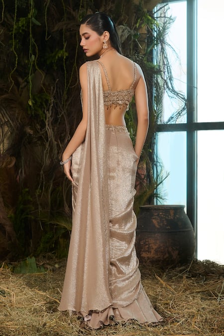 Shop Shashank Arya Gold Georgette, Tulle, Satin Embroidered Pre-draped Concept Saree With Blouse at Aza Fashions Shop_Shashank Arya_Gold Georgette, Tulle, Satin Embroidered Pre-draped Concept Saree With Blouse _at_Aza_Fashions