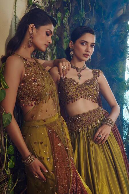 Shashank Arya_Olive Green Crinkle, Satin, Dupion Sequins, Beads, Embroidered Lehenga Set _Online_at_Aza_Fashions