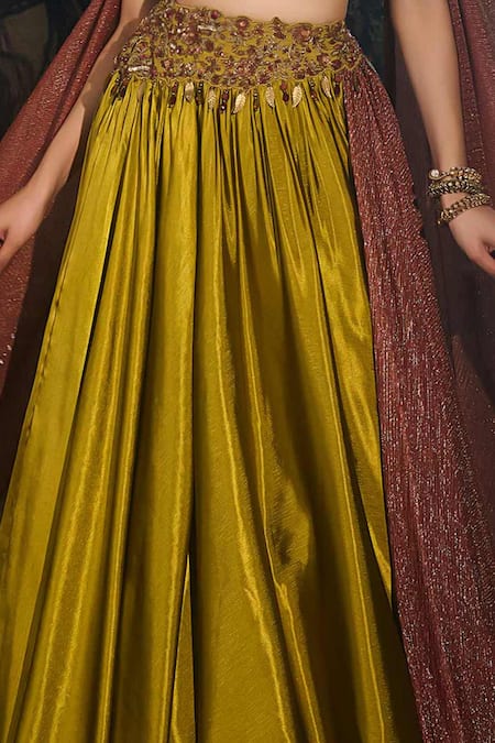Buy_Shashank Arya_Olive Green Crinkle, Satin, Dupion Sequins, Beads, Embroidered Lehenga Set _Online_at_Aza_Fashions