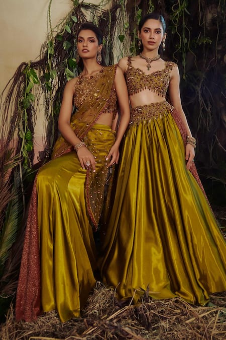 Shop_Shashank Arya_Olive Green Crinkle, Satin, Dupion Sequins, Beads, Embroidered Lehenga Set _Online_at_Aza_Fashions