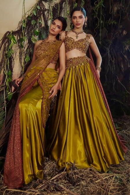 Shashank Arya_Olive Green Crinkle, Satin, Dupion Sequins, Beads, Embroidered Lehenga Set _at_Aza_Fashions