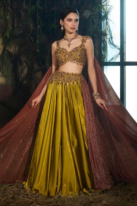 Buy_Shashank Arya_Olive Green Crinkle, Satin, Dupion Sequins, Beads, Embroidered Lehenga Set 