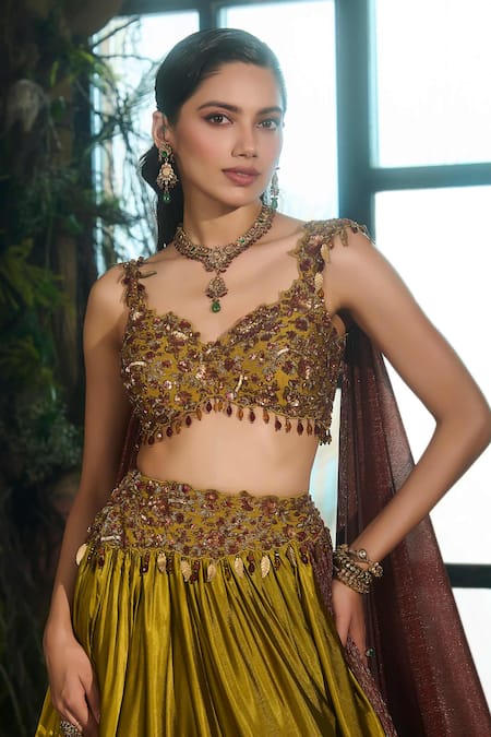 Shop_Shashank Arya_Olive Green Crinkle, Satin, Dupion Sequins, Beads, Embroidered Lehenga Set 