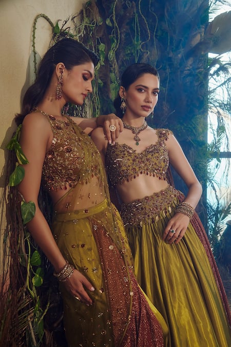 Shop_Shashank Arya_Green Crinkle, Satin, Knit, Net Sequins, Pre-draped Concept Saree With Blouse _Online_at_Aza_Fashions