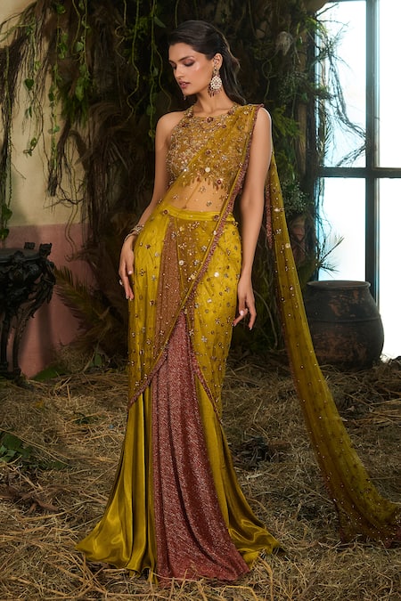Shop_Shashank Arya_Green Crinkle, Satin, Knit, Net Sequins, Pre-draped Concept Saree With Blouse 