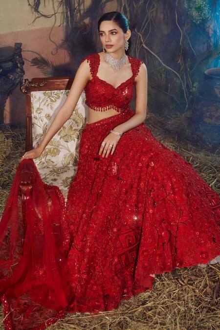 Shashank Arya_Red Tulle Sequins, Crystals, Embroidery, Beads Resham And Work Lehenga Set _Online_at_Aza_Fashions