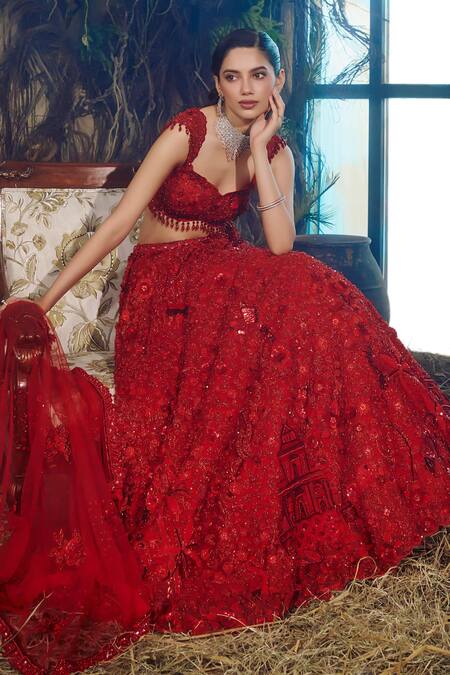 Buy_Shashank Arya_Red Tulle Sequins, Crystals, Embroidery, Beads Resham And Work Lehenga Set 