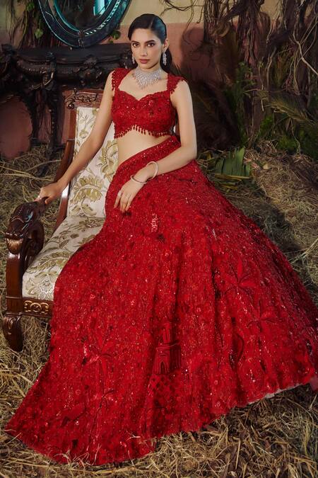 Shop_Shashank Arya_Red Tulle Sequins, Crystals, Embroidery, Beads Resham And Work Lehenga Set 