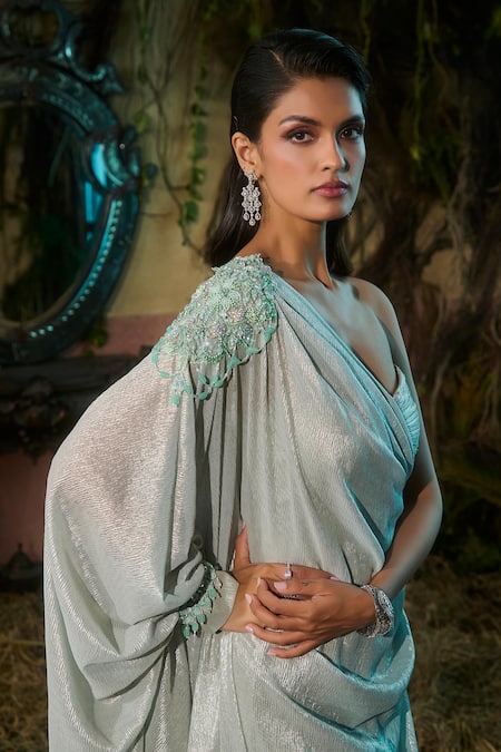Shashank Arya_Sky Blue Georgette Sequins, Crystals One Shoulder Draped Foiled Saree Gown _Online_at_Aza_Fashions