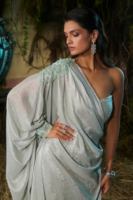 Shop_Shashank Arya_Sky Blue Georgette Sequins, Crystals One Shoulder Draped Foiled Saree Gown _Online_at_Aza_Fashions