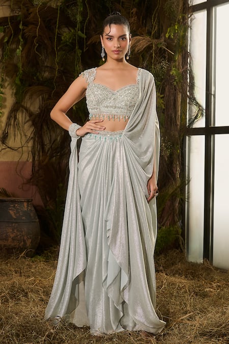 Shashank Arya Pre-Draped Saree With Embroidered Blouse 