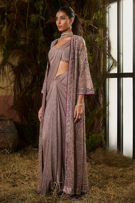 Shashank Arya_Gray Knit, Organza Beads, Crystals, Embroidered Pre-draped Saree Set With Jacket _at_Aza_Fashions