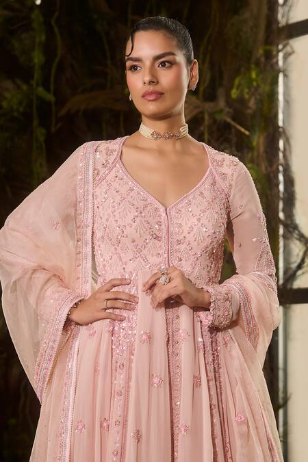 Shashank Arya_Pink Georgette, Organza Sequins, Crystals V-neck And Embroidered Anarkali Set _Online_at_Aza_Fashions
