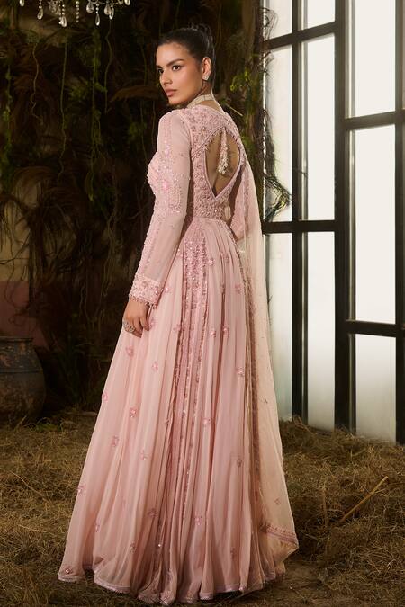 Buy_Shashank Arya_Pink Georgette, Organza Sequins, Crystals V-neck And Embroidered Anarkali Set _Online_at_Aza_Fashions