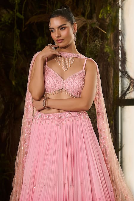 Shashank Arya_Pink Georgette, Tulle Sequins, Stones, Crystals, Ombre And Work Lehenga Set _Online_at_Aza_Fashions